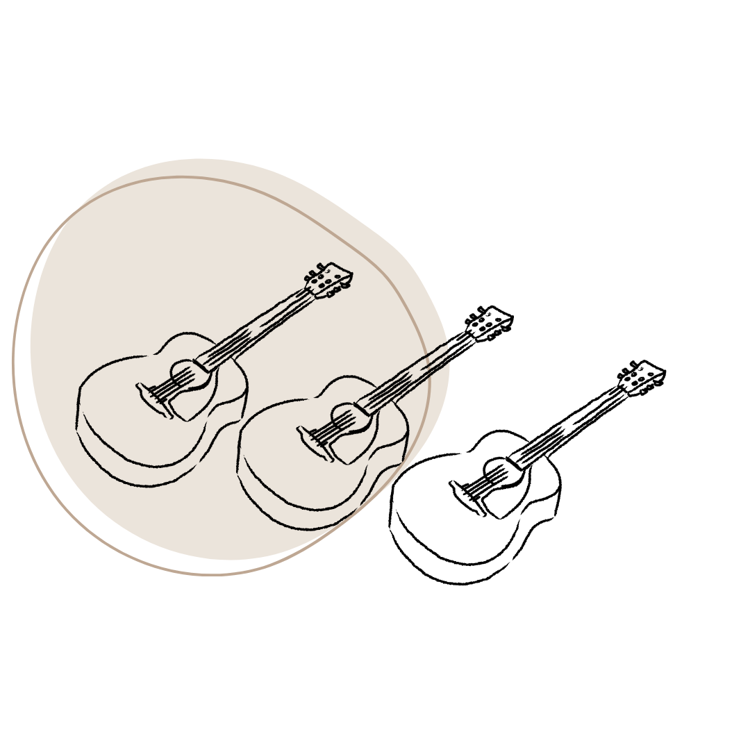 Von Hand gezeichnete Bleistiftskizze von drei Akustikgitarren.